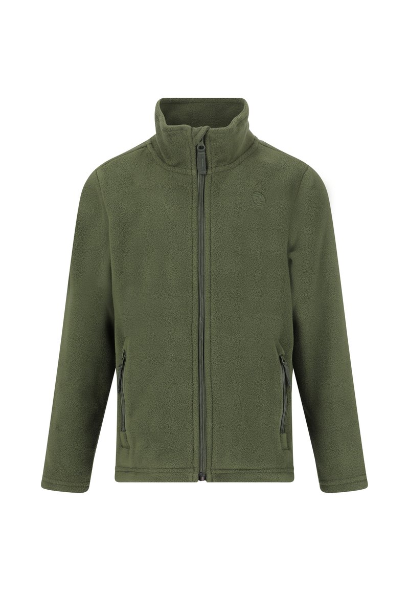 Olivenfarvet fleecejakke med høj krave, fuld frontlynlås og to sidelommer. Blød tekstur med minimalistisk design og uden mønstre.