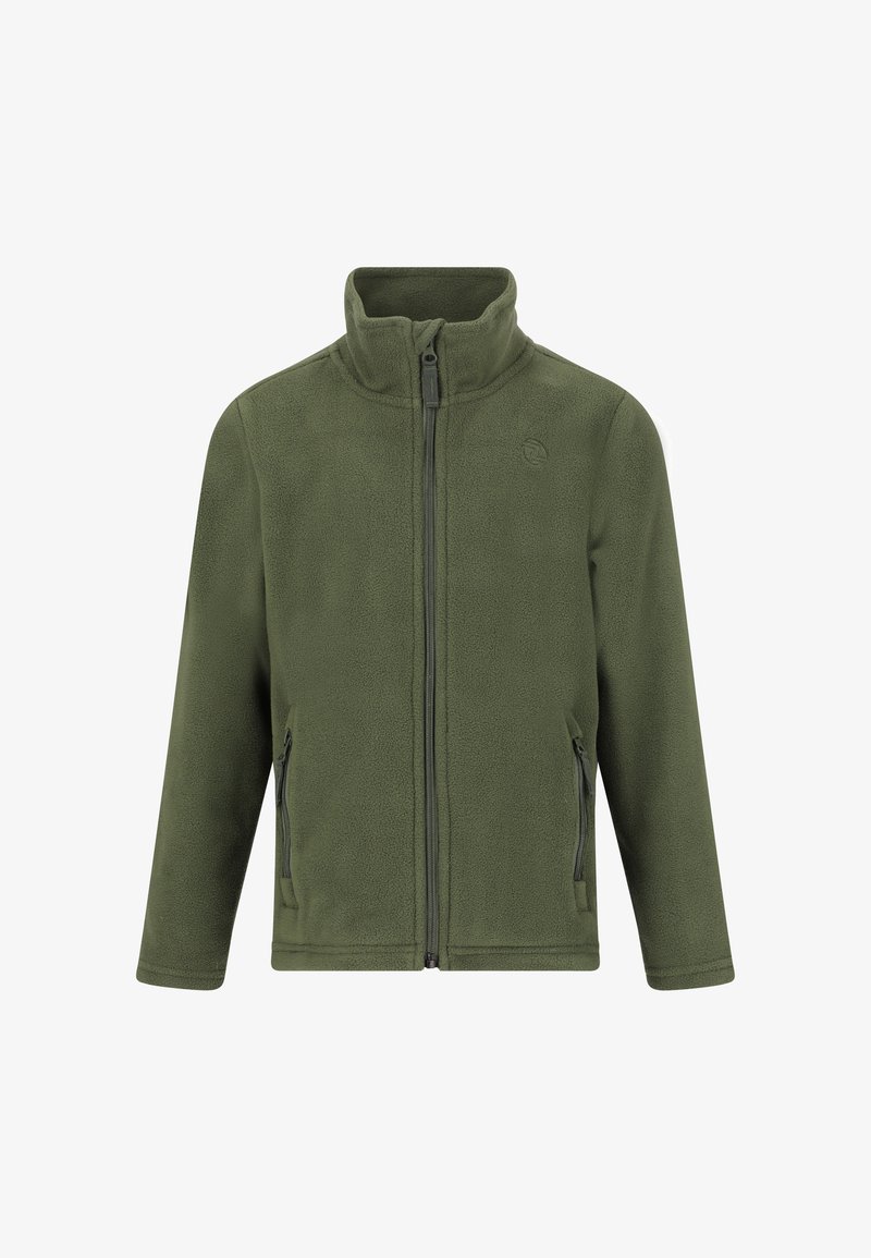 Olivgrüne Fleecejacke mit hohem Kragen, vollem Reißverschluss vorne und zwei Seitentaschen. Weicher Stoff mit minimalistischem Design und ohne Muster.