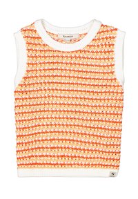 Mouwloze gebreide top met een multikleurige oranje en witte gestreepte patroon, voorzien van een witte geribbelde halslijn en zoom, gemaakt van textiel met structuur.