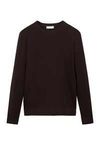 Dunkelbrauner gerippter Strickpullover mit Rundhalsausschnitt und langen Ärmeln, ausgestattet mit einem geraden Saum und einer weichen Textur.