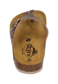Brown, cork-soled sandal with an adjustable strap and contoured footbed featuring a textured surface. Logo printed inside. Size 38.
