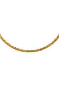 Collana a catena color oro con un design liscio e intrecciato, caratterizzato da una leggera texture che crea un aspetto flessibile e lucido.