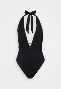 Svart baddräkt i en del med halterneck-design, ribbat mönster, djup V-ringning och en oval ring i sköldpaddsmönster vid midjan.