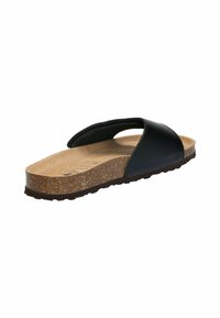 Black leather flip-flop with a cork footbed, textured sole, and two straps. The design features natural hues and a simple, functional shape.