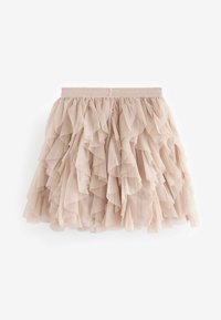 Gestufter Tüllrock in sanftem Pink mit rüschenden Schichten und subtilen Glitzerakzenten. Elastischer Bund für eine anpassbare Passform. Weiche, leichte Textur.