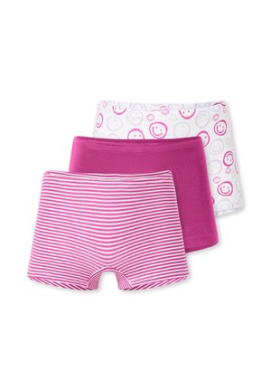 Drei Mädchen-Boxershorts in Vorderansicht, eine rosa-weiß gestreift, eine einfarbig magenta und eine weiße mit pinkfarbenen Smiley-Gesichtern.