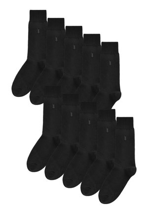Schwarze Baumwollsocken mit gerippten Bündchen; jede Socke trägt ein kleines Logo. Das Set umfasst zwölf Paare, die in einer gruppierten Anordnung präsentiert sind.