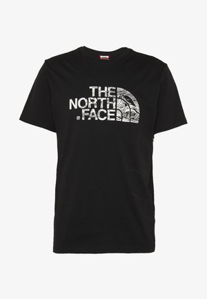 Czarna koszulka z krótkim rękawem z białym napisem "THE NORTH FACE" oraz teksturowanym logo półkuli na środku klatki piersiowej.