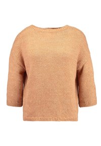 Hellorange gestrickter Pullover mit rundem Ausschnitt und drei Viertelärmeln. Besitzt eine lockere Passform sowie gerippte Säume und Manschetten.
