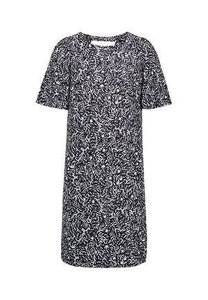 Fekete-fehér levélmintás, térdig érő ruha rövid ujjakkal és kerek nyakkivágással.