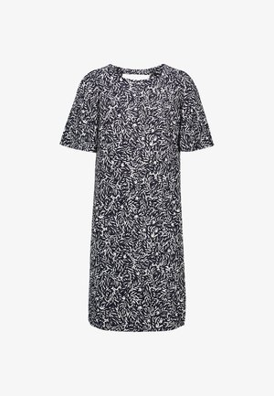 Fekete-fehér levélmintás, térdig érő ruha rövid ujjakkal és kerek nyakkivágással.