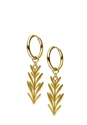 Gold hoop earrings with dangling leaf-shaped charms featuring multiple curved leaves on each charm.