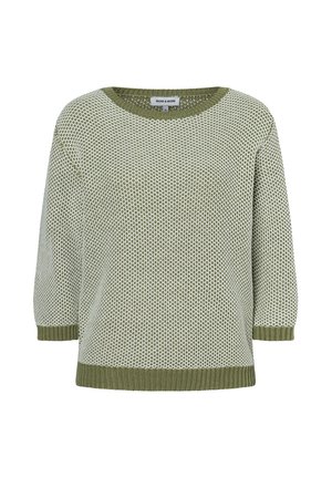 Lichtgroene, gebreide trui met een losse pasvorm. Heeft een textuurpatroon, ronde halslijn en geribde boorden aan de mouwen en zoom. Mouwen van driekwart lengte.