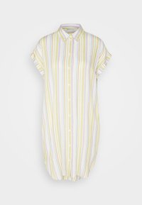 Vestido camiseros de botones con mangas cortas enrolladas, que presenta rayas verticales en verde, amarillo, púrpura y azul sobre un fondo claro. Tejido suave.