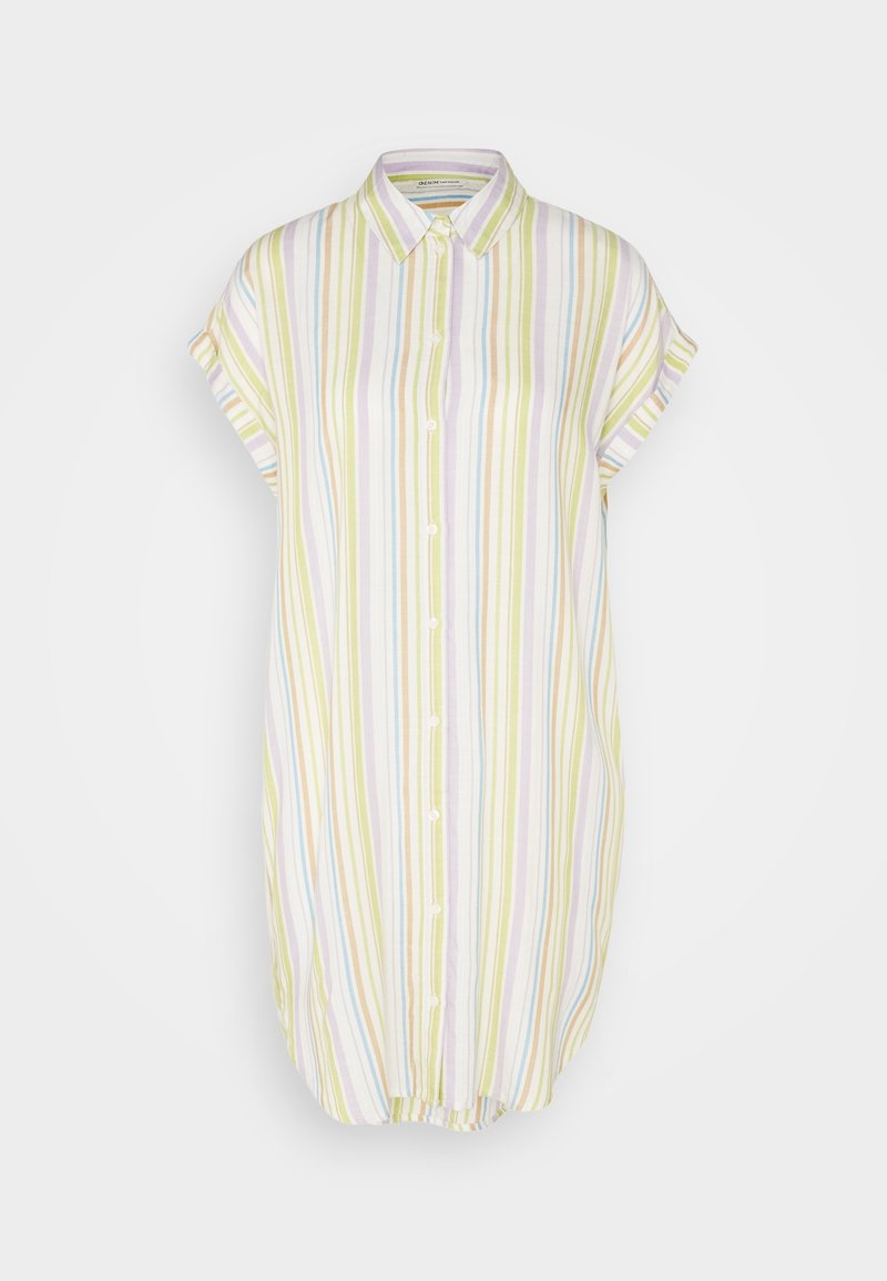 Vestido camiseros de botones con mangas cortas enrolladas, que presenta rayas verticales en verde, amarillo, púrpura y azul sobre un fondo claro. Tejido suave.