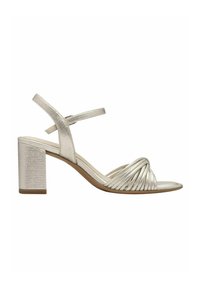 Sandal con tacco a blocco e cinturini in argento metallico. Presenta un design intrecciato sulla parte anteriore e una cinghia alla caviglia per una vestibilità sicura. Finitura testurizzata.