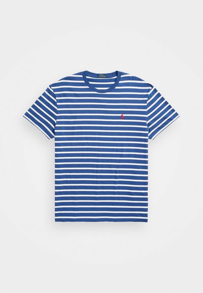 Blue and white striped short-sleeve T-shirt, featuring a crew neck and a small red logo on the left chest. Crafted from cotton fabric.