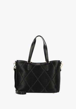 Zwarte synthetische handtas met diamantvormige ribbelstructuur, dubbele bovenhandvaten en een afneembare schouderriem. Accenten in goudkleurig beslag.
