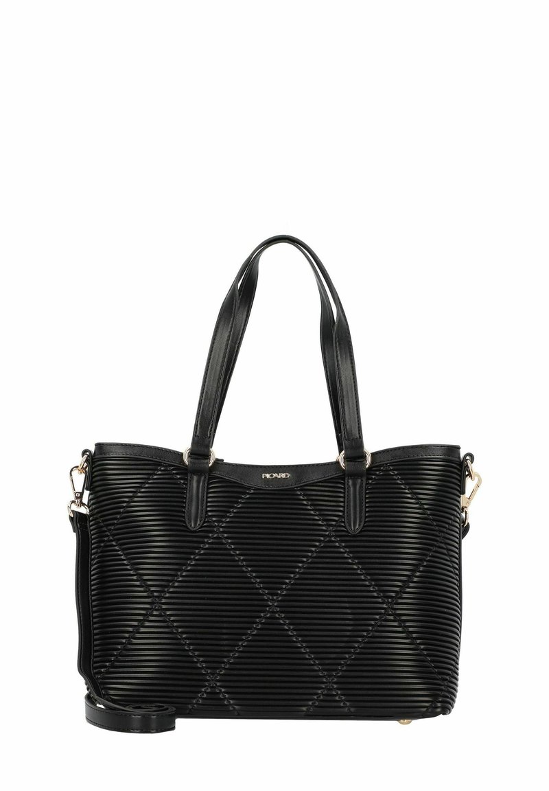 Borsa sintetica nera con texture a coste a forma di diamante, doppi manici superiori e tracolla removibile. Dettagli in metallo color oro.