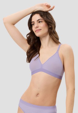 Light lavender wireless bra with a smooth, sheer fabric, triangular cups, and adjustable straps; no padding or underwire visible.