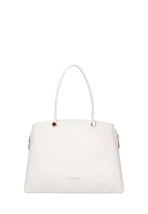 Borsa a mano in pelle bianca con manici sottili, accessori dorati e logo «pierre cardin» sul davanti al centro.