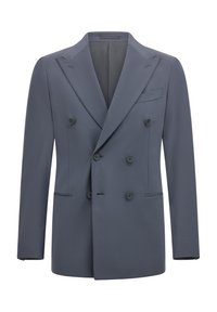 Dvojno zapet blazer v temno sivi tkanini z gladko teksturo, z izrezanimi klapami in šestimi gumbi. Ima prsni žep in stranske žepe.