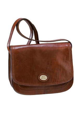 Borsa a tracolla in pelle marrone con un pattino e una placca ovale metallica con la scritta "The Bridge" sul davanti.