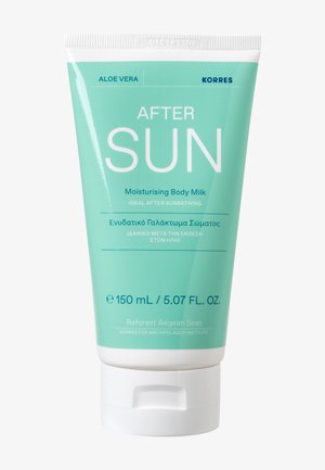 Tube de lait corporel hydratant après-soleil Korres à l'aloé vera, 150 mL, avec texte en anglais et en grec sur un fond vert clair.