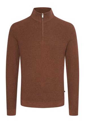 Brown zip-up sweater with a high collar, textured knit fabric, long sleeves, and a subtle ribbed pattern. Features a silver zipper.