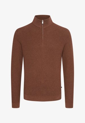 Brauner Reißverschluss-Pullover mit hohem Kragen, strukturiertem Strickstoff, langen Ärmeln und einem dezenten Rippmuster. Verfügt über einen silbernen Reißverschluss.