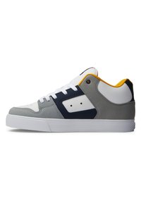 Gray and white sneaker with navy accents, synthetic leather and mesh material, rounded toe, and white rubber sole. Features contrast stitching.