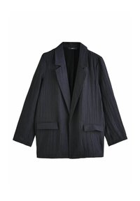 Blazer noir, texturé, avec une coupe ample, des revers crantés, des manches longues et deux poches avant. Fabriqué en tissu léger.