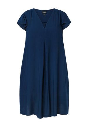 Vestido azul marino hasta la rodilla con escote en V, mangas cortas abullonadas y silueta amplia en línea A.