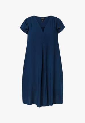 Vestido azul marino hasta la rodilla con escote en V, mangas cortas abullonadas y silueta amplia en línea A.