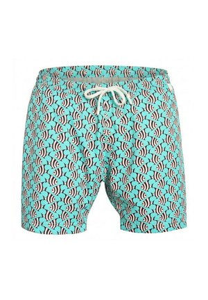 Short de bain turquoise avec motif poisson rayé blanc et noir, taille élastique et cordon blanc à nouer à l'avant.