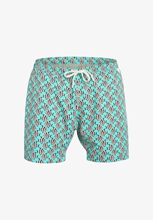 Short de bain turquoise avec motif poisson rayé blanc et noir, taille élastique et cordon blanc à nouer à l'avant.