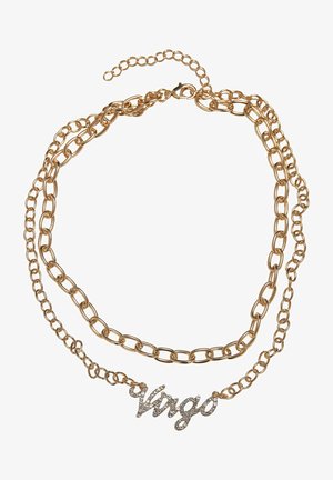 Kullatud ketiga kaelakee, millel on omavahel seotud lingid ja tekstuuriga "Neitsi" ripats, kaunistatud väikeste rhinestone'idega. Reguleeritav klamber.