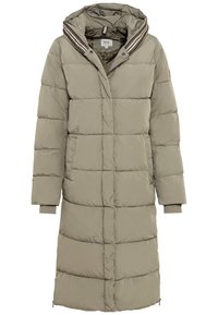 Oliwkowa pikowana kurtka z kapturem, długiego kroju, z poziomymi przeszyciami, ściągaczami na rękawach oraz kontrastową podszewką w paski.