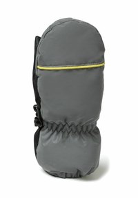 Mitten isolé gris avec un haut arrondi, un poignet élastique et une bordure jaune. Fabriqué en tissu lisse et imperméable, il dispose d'une boucle sur le côté pour l'ajustement.