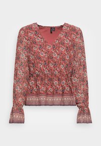 Blusa floreale trasparente rossa con scollatura a V, vita arricciata e maniche lunghe. Presenta un orlo a fantasia e un tessuto strutturato.