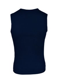 Marineblauwe mouwloze top gemaakt van een katoenmix; voorzien van een ronde hals en een aansluitend ontwerp zonder zichtbare naden of patronen.