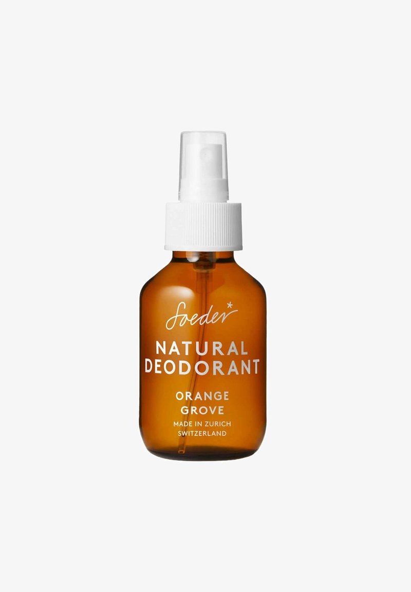 Bottiglia spray in vetro marrone con beccuccio spray bianco. L'etichetta reca la scritta "Soeder Deodorante Naturale Arancio". Prodotto a Zurigo, Svizzera.