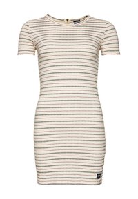 Randig kortärmad klänning i krämfärgad, med horisontella ränder i svart och rött. Slim-fit med rund halsringning och dragkedja i ryggen.