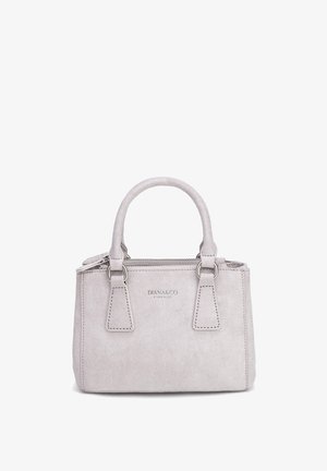 Piccola borsa in suede grigio chiaro con doppio manico, cerniera superiore e logo "DIANA&CO FIRENZE" sul davanti.