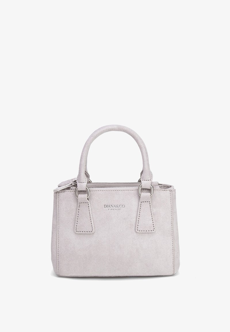 Kleine hellgraue Wildlederhandtasche mit doppelten Griffen, Reißverschluss oben und "DIANA&CO FIRENZE"-Logo auf der Vorderseite.