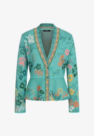 Türkise kardigan, pikad varrukad, lillemuster roosa, oranži ja rohelise värviga ning keeruline äär kena kaelaosa ja nööpide joone ääres.