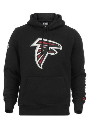 Black hoodie featuring a large Atlanta Falcons logo in red and white on the front. Includes a kangaroo pocket and adjustable drawstring hood.