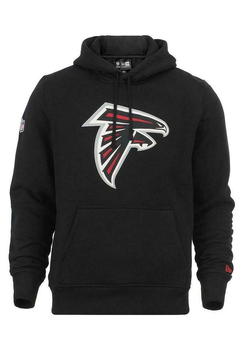 Black hoodie featuring a large Atlanta Falcons logo in red and white on the front. Includes a kangaroo pocket and adjustable drawstring hood.