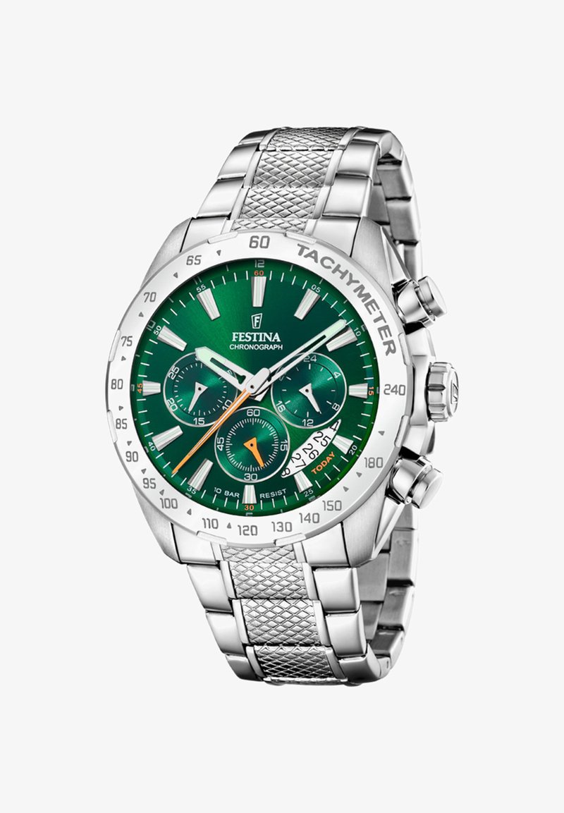 Orologio cronografo in acciaio inox silver con quadrante verde, indici bianchi e tre sotto-quadranti. Presenta un bezel tachimetrico e bracciale a rete.