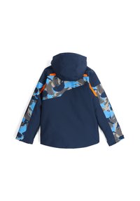 Navyblaue Jacke mit Kapuze, die ein geometrisches mehrfarbiges Muster in Grau, Blau und Orange über den Schultern und Ärmeln aufweist.